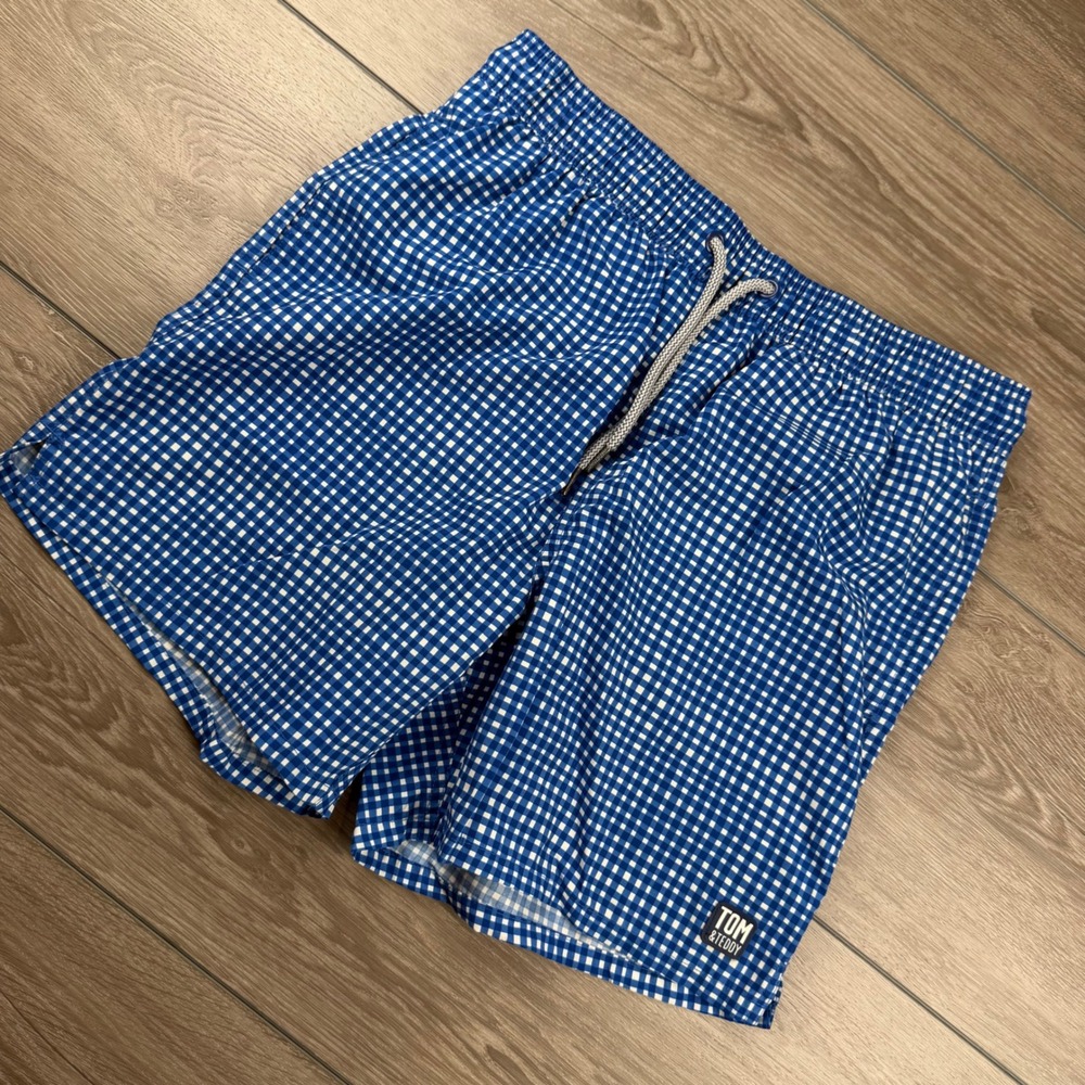 Tom & Teddy Mens Swim Trunks Gingham Check Blue White Size M